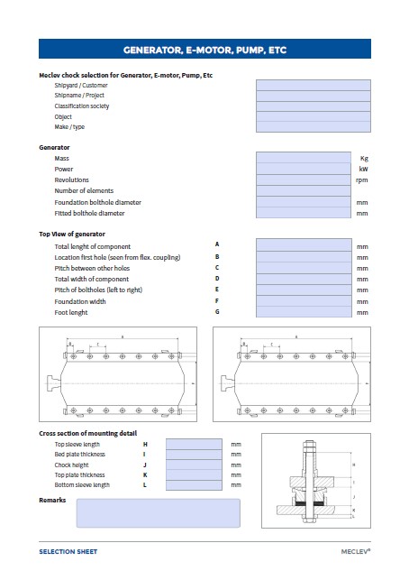 MecLev selection sheet for generator, e-motor and pump